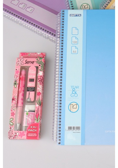 Orjinal Gıpta Spiralli 4 Adet 100 Yaprak A4 Defter,serve Deep Uçlu Kalem Seti,silgi,kalemtraş,uç Seti 124-Pembe