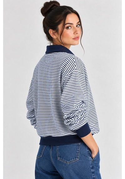 Mevese Çizgili Desen Polo Yaka Fermuarlı Oversize Kadın Sweatshirt - Lacivert