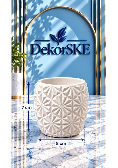 Dekorske - Taş Tozu Geometrik Saksı Ve Mumluk - 7x8 Cm - El Yapımı Kabartmalı Dekoratif Mini Saksı Ve Çok Amaçlı Ev Dekoru Beyaz