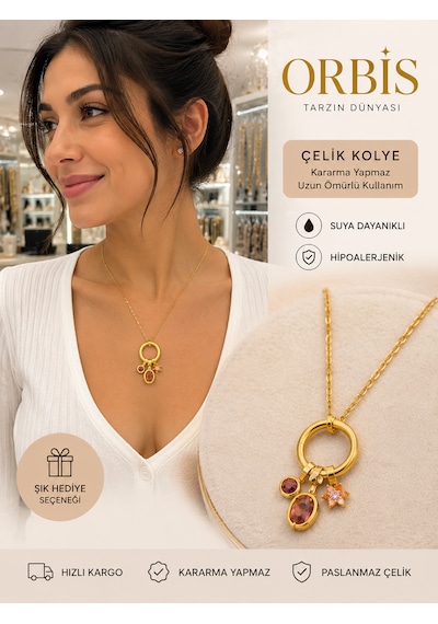 Kırmızı Kristal Charm Kolye Gold
