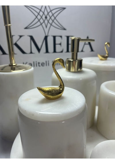 Mermer Top Ayaklı Standlı 7 Parça Lüks Banyo Seti Altın - Beyaz