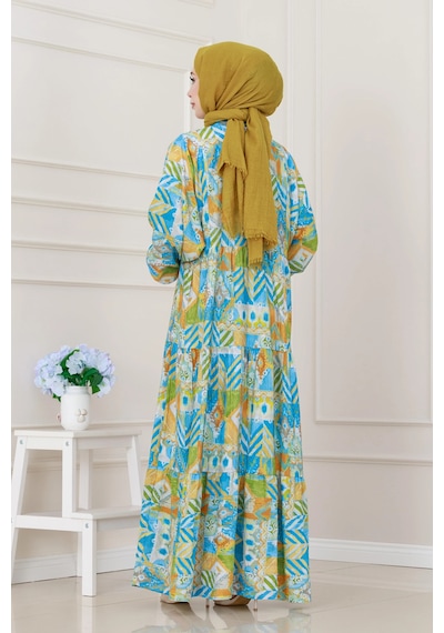 Sevitli Etnik Desen Robalı Elbise-mavi-5251 Mavi