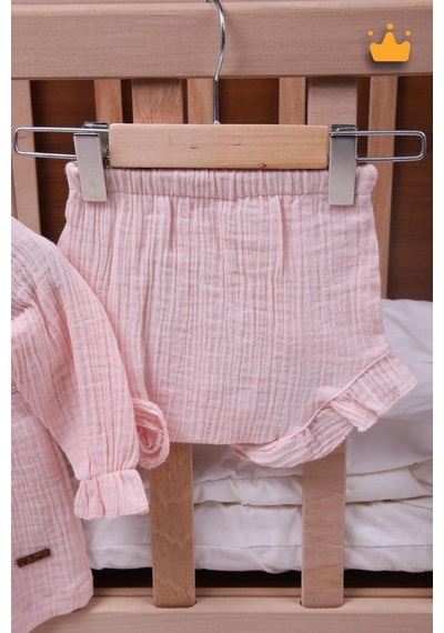 Babyhola Kız Bebek Çocuk Yazlık Elbise Müslin Önlüklü Şortlu Takım 22410 Somon