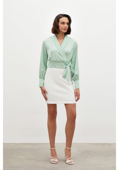 Sateen Yan Kuşaklı Saten Bluz - Mint-134493