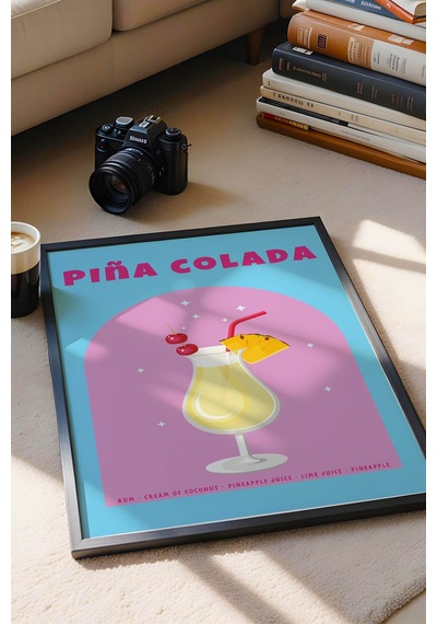 Pina Colada Temalı Renkli Çerçeveli Tablo Modern Mutfak Ve Bar Duvar Dekoru Siyah