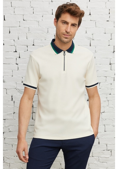 Ac&Co / Altınyıldız Classics Erkek Ekru Lacı Regular Fit Geniş Kesim Polo Yaka Tişört Ekru - Lacivert