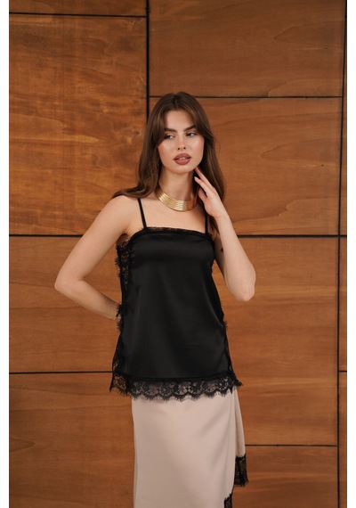 Verymoda Dantel Detaylı Askılı Saten Tunik - D2931 Siyah