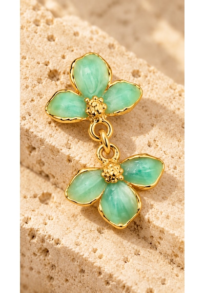 Riody Fleur De Menthe Mint Yeşili Çiçek Formlu Sallantılı Gold Renk Kadın Küpe Açık Yeşil