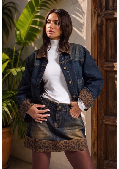 Kadın T.kot Rengi 2w6-8 Oversize Kemer Boy Leopar Detaylı Tasarım Denim Ceket