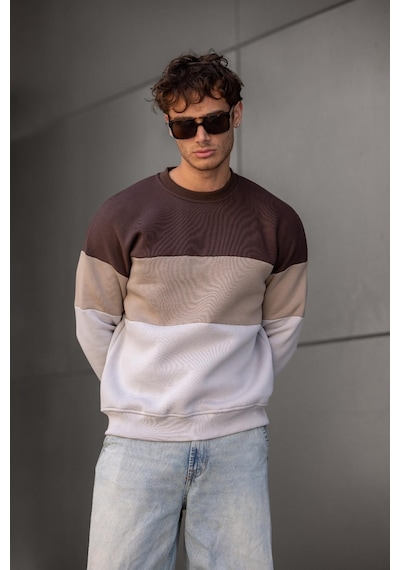 Trc 3244 Üç İplik Pamuklu Parçalı Bisiklet Yaka Erkek Sweatshirt 001