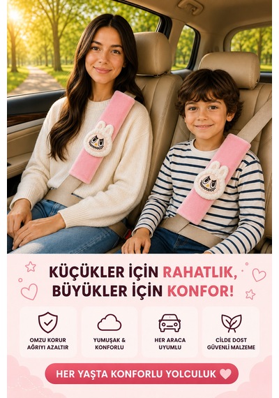 Bunny Pembe Emniyet Kemeri Aksesuarı - Emniyet Kemeri Kılıfı - Araç Emniyet Kemeri Omuz Koruyucu 1 Adet