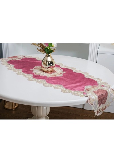 Aydan Aplikeli Güpürlü Kadife Pudra Salon Takımı 5 Parça 50x140 Cm 1453 Pudra