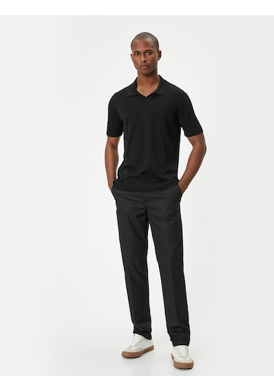 Koton Polo Yaka İnce Triko Tişört Slim Fit Kısa Kollu Kırçıllı Siyah 4sam70008ht Siyah