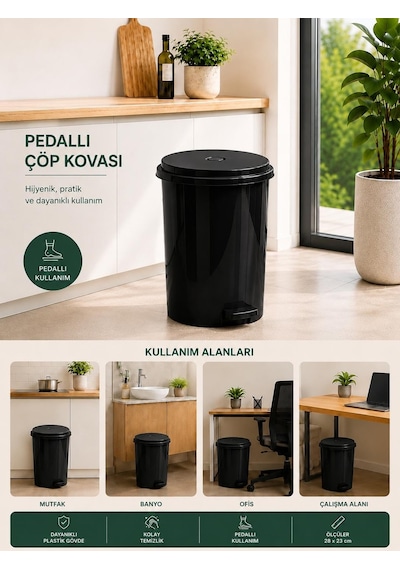 40 Lt Pedallı Plastik Çöp Kovası Dayanıklı, Hijyenik Ev & Ofis Çöp Kutusu Siyah