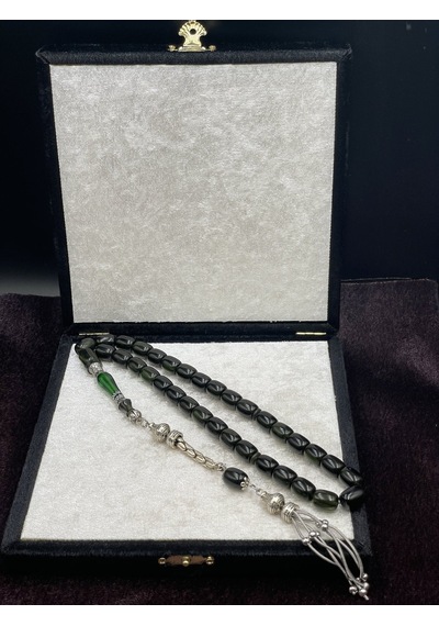 Alpaka Nakkaş İmameli Zümrüt Yeşili Sıkma Kehribar Tesbih 9x11 Mm Yeşil