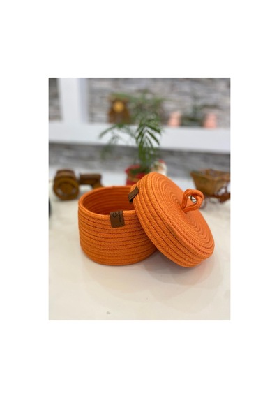 Hasır Jüt Sepet Oval Kapaklı Organizer Düzenleyici 30x20x10 Cm Turuncu Turuncu