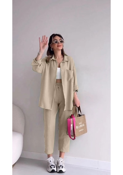Barbora Keten Günlük Ikili Takım Elbise Pantolon Gömlek Ln21Ekru17 001