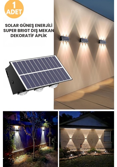 Trendpoint 1adet Solar Çift Taraflı 6ledli Aplik Sarı Işık Duvar Lamba Bahçe Aydınlatma Güneşle Şarj