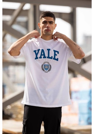 Vinevesta Erkek Kısa Kol Yazlık Tişört Bisiklet Yaka Yale Baskılı T-shirt - Beyaz Çok Renkli