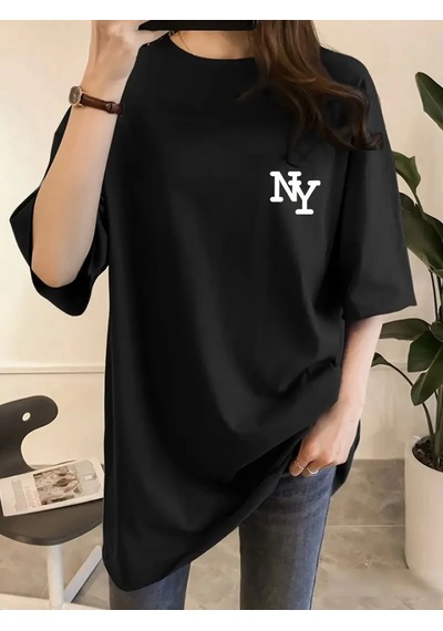 Modi Baskılı Oversize Bisiklet Yaka T-shirt - Siyah - Mymg158986
