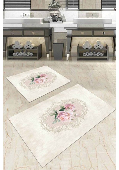 Bej Çiçek Desenli Banyo Halısı Klozet 2'li Paspas Seti Bs035n11