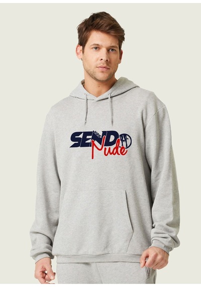 Unisex Oversize Send Nudes Baskılı Kapüşonlu Sweatshirt Gri