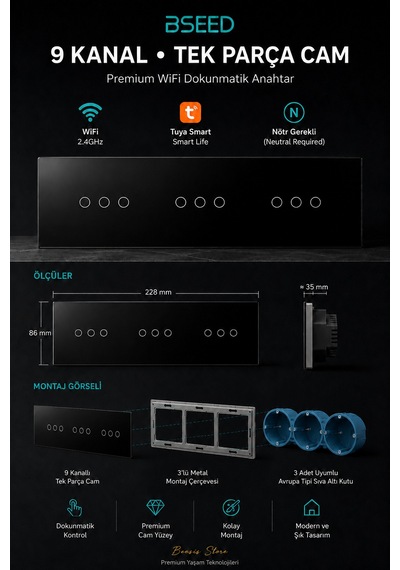 Bseed Siyah 9 Tuş Wifi Akıllı Dokunmatik Anahtar Tuya Smart Life, Nötr Hatlı