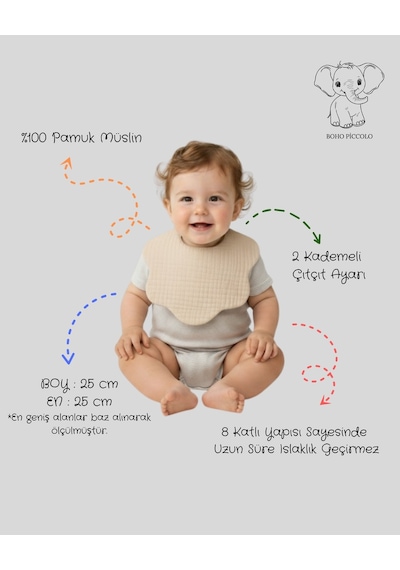 4'lü %100 Pamuklu Organik Soft Renk 8 Katlı Müslin Bebek Önlük / Salya Önlüğü / Nikel Free Çıt