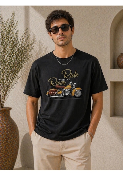 Novalisse Erkek Motosiklet Baskılı Tişört Bisiklet Yaka Kısa Kol Yazlık T-shirt - Siyah