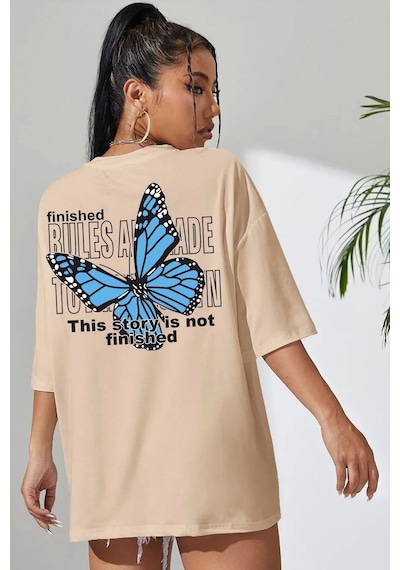 Flood Of Style Unisex Bej Sırt Kelebek Baskılı T-shirt