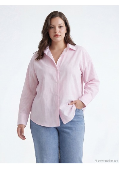 Lcw Vision Pembe Çizgili Oversize Oxford Kadın Gömlek