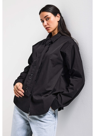 Itsbasic Kadın Siyah Oversize Kravat Detaylı Özel Tasarım Bol Kesim Gömlek