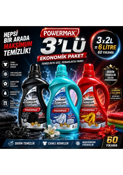 Powermax Sıvı Çamaşır Deterjanı 3'lü Set Beyazlar + Renkliler + Siyahlar 2 L X 3