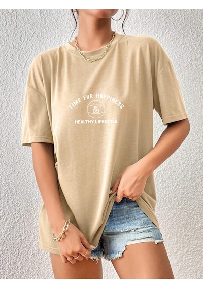 Uyguntarz Unisex Time For Happiness Tasarım Basklı Tshirt Bej