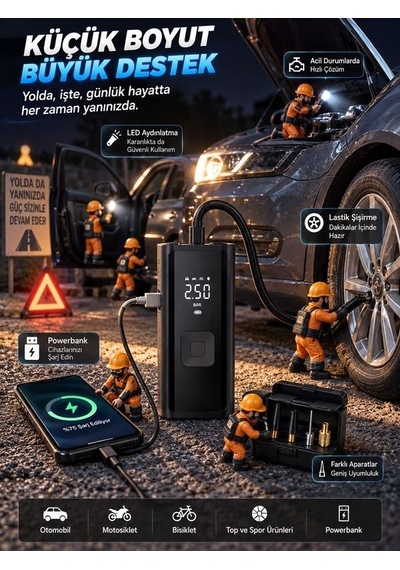 150 Psı Şarjlı Hava Kompresörü 4500mah Lcd Ekranlı Taşınabilir