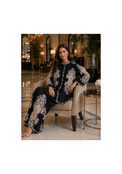 Wellway İthal Jessica Kumaş Gömlek & Pantolon 2li Takım-bej Çiçekli-25100 Çok Renkli