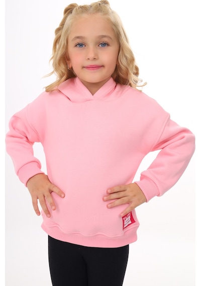 Kız Çocuk Oversize Kapüşonlu Düşük Omuz Baskılı Sweatshirt - 3 İplik Şardonlu Pembe
