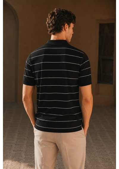 Tarz Cool Erkek Old Money Çizgili Polo Yaka Triko Tişört Slim Fit Siyah