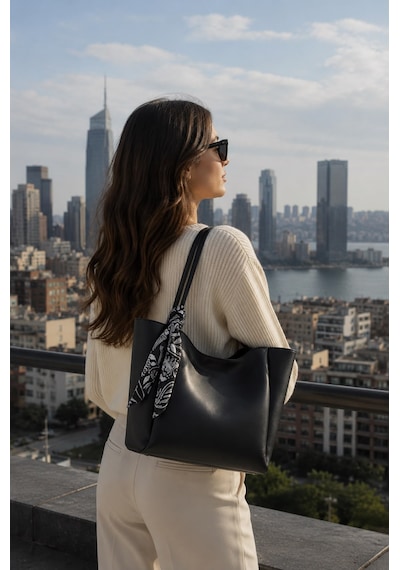 Housebags Lumi Kadın Fularlı Fermuarlı El Ve Omuz Çantası Siyah