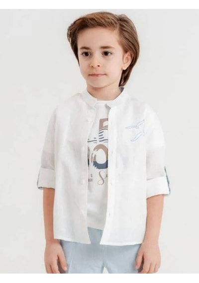 Erkek Çocuk Hakim Yaka Gömlek Pantolon 2li Spor Şık Takım-14649 Krem
