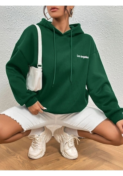 Los Angeles Minimal Sweatshirt - Yeşil Baskılı Oversize Kapüşonlu Yeşil