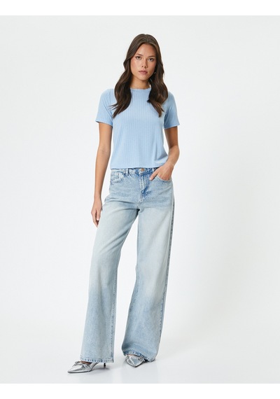Koton Kısa Kollu Tişört Bisiklet Yaka Fitilli Slim Fit Mavi 4sak50238ek Mavi