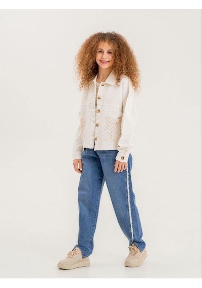 Zekids Kız Çocuk Brode Cep Gabardin Ceket-13903 Bej