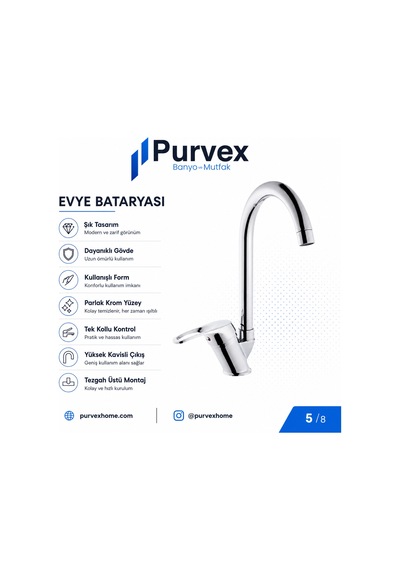Purvex Home Klasik Mix Kuğu U Boru Evye Bataryası - Pirinç Gövde Krom Kaplama Aç-kapa Mutfak Tezgah Üstü Musluğu