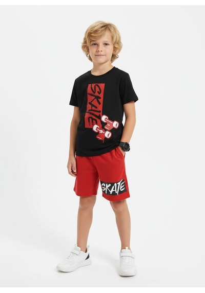 Panios Kids Yuvarlak Yaka Skate Baskı Detaylı Yazlık Erkek Çocuk Alt Üst Takım Kırmızı