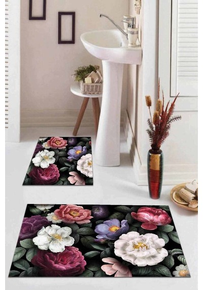 Renkli Çiçek Temalı Banyo Halısı Klozet Paspas Seti Bs003n11 Çok Renkli