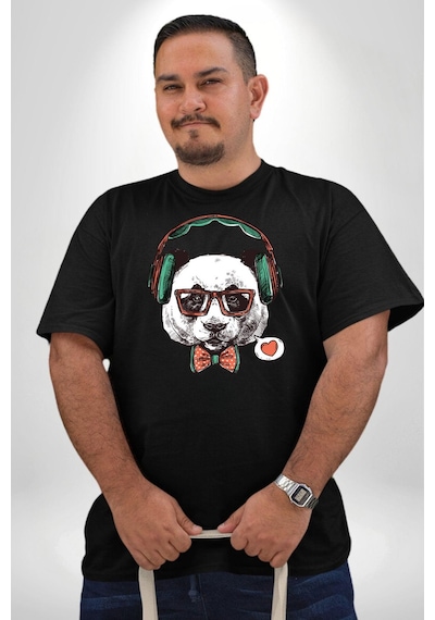 Angemiel Kulaklıklı Hipster Portre Panda Siyah Büyük Beden Erkek Kadın Unisex Basic Ön Baskılı Tişört Siyah