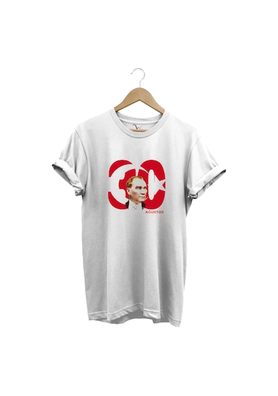 Türk Bayrağı Ve Atatürk Baskılı 30 Ağustos Zafer Bayramı Tasarımlı %100 Pamuk Regular Fit T-shirt Beyaz