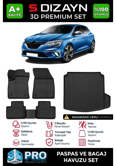 S-dizayn Renault Megane 4 Sedan 3d Pro Havuzlu Paspas Ve Sağ Kulak Paspas Bagaj Havuzu Seti 2'li Se