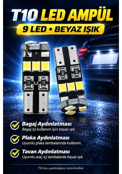 T10 Dipsiz Led Ampul 9 Led Beyaz Işık Park Plaka Tavan Aydınlatma 12v 2 Adet
